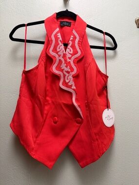 Milk & Honey Red Orange Embellished Ruffle Halter Vest